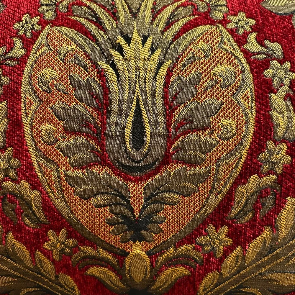 CROSCILL HOME EMBROIDERED RAYON BLEND BURGUNDY/OLIVE& GOLD TASSELS ACCENT PILLOW - Picture 2 of 10